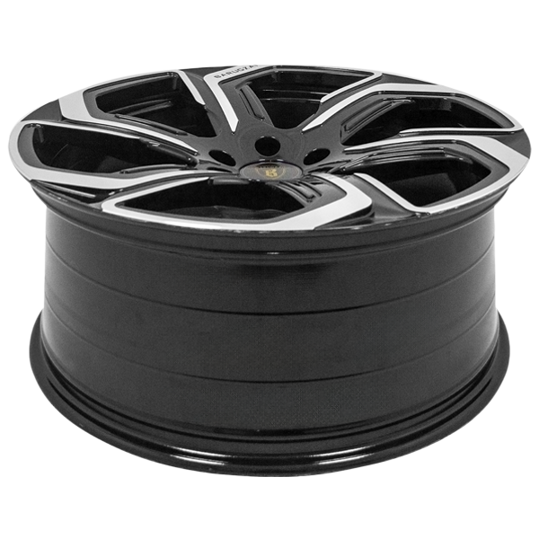 Barrel Top Angle shot of Barugzai Sabre 22” alloy wheel in Gloss Black