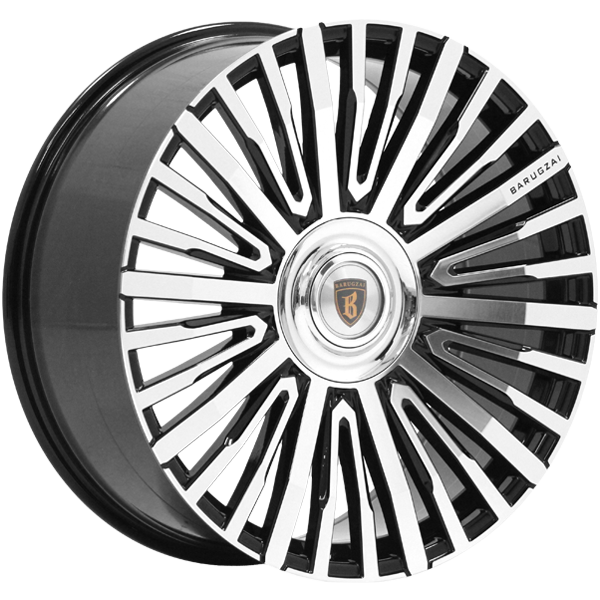Angle shot of Barugzai Casanova 22/23” alloy wheel in Gloss Black Polished