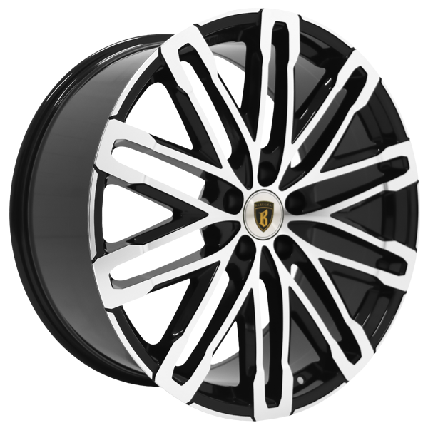 Angle shot of Barugzai Dawn 22” alloy wheel in Gloss Black Polished