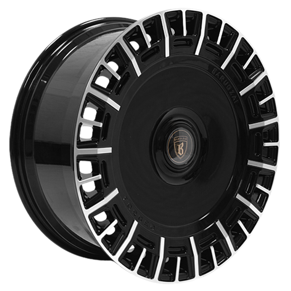 Angle shot of Barugzai Monoblok 22/23/24” alloy wheel in Gloss Black Polished
