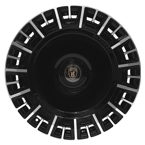 Face shot of Barugzai Monoblok 22/23/24” alloy wheel in Gloss Black Polished Face.