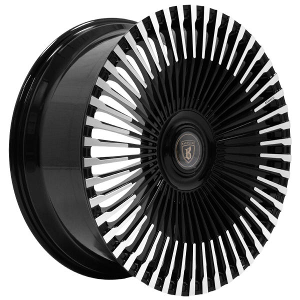 Angle shot of Barugzai Vortex Forged 24” alloy wheel in Gloss Black Polished